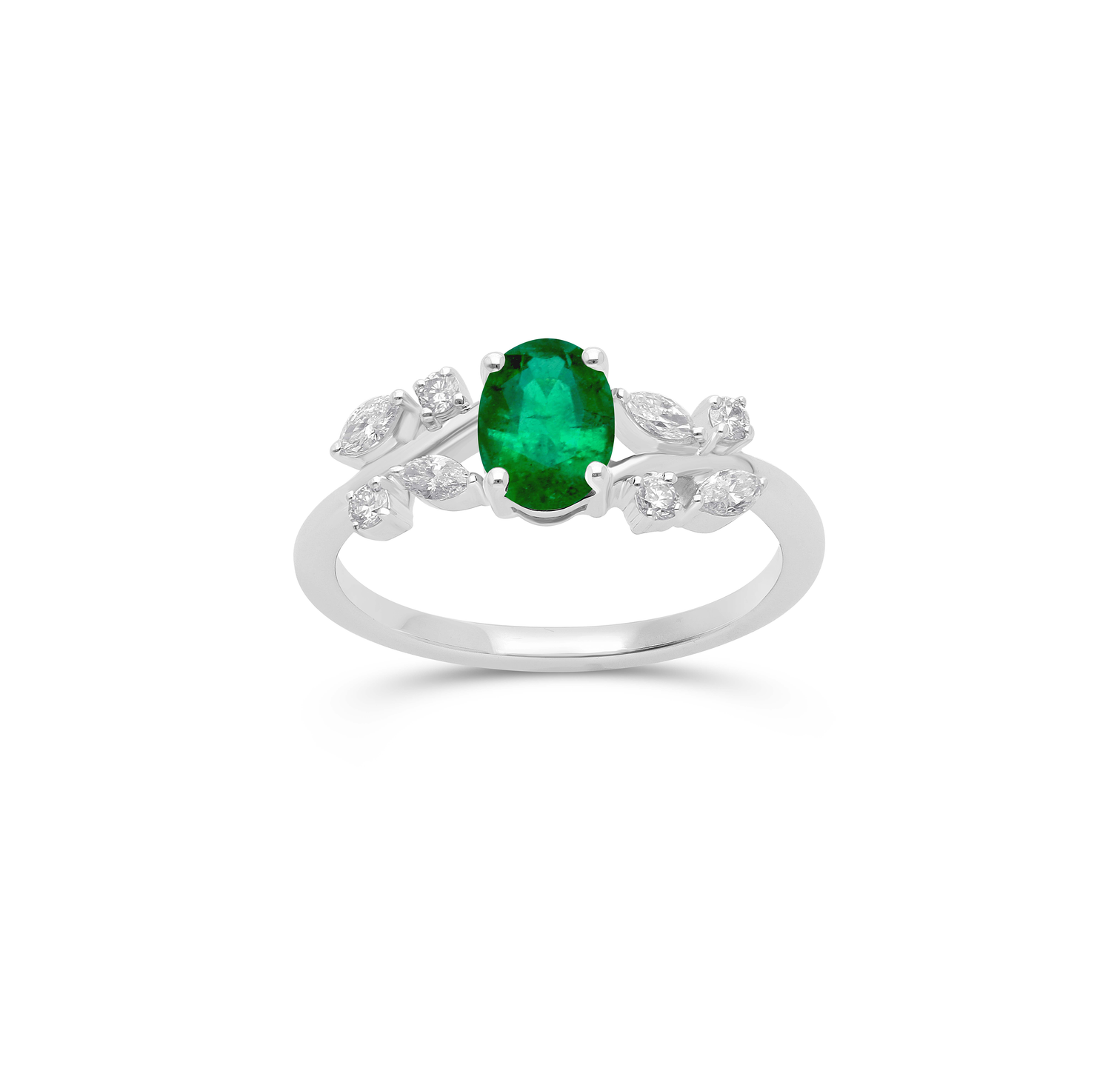 14K White Gold Oval Emerald and Diamond Ring